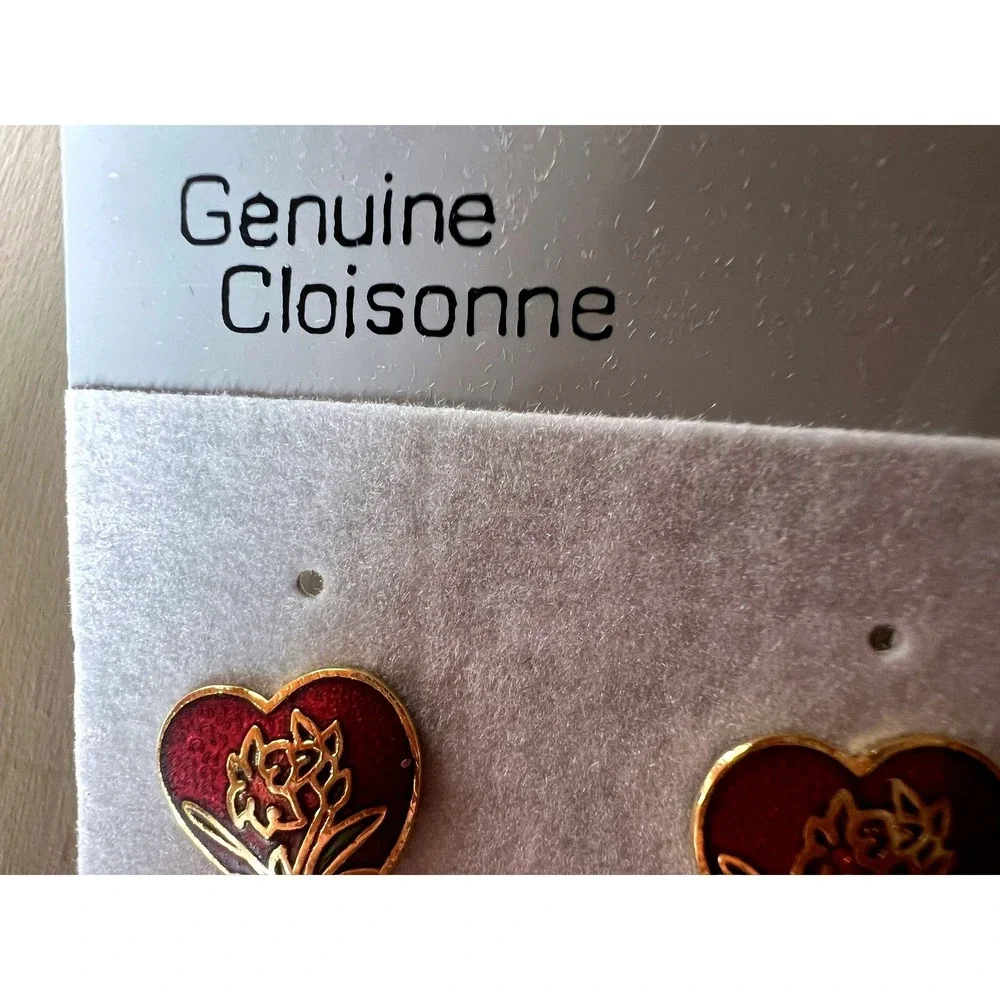 Vintage Genuine Cloisonne Heart Stud Earrings Red Gold Floral Botanical Dainty